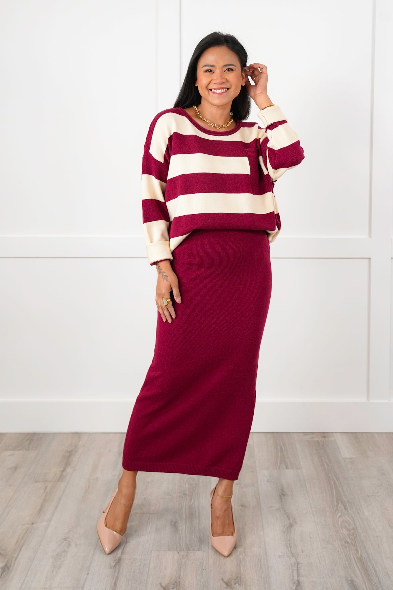 Stripe Long Sleeve Sweater and Pencil Skirt Set