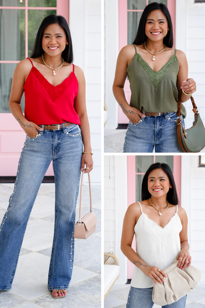 Textured V Neck Camisole Top with Lace Detail