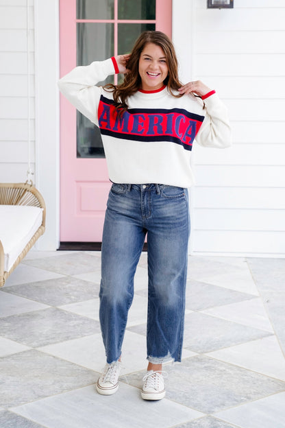 Long Sleeve Crew Neck "America" Knit Sweater