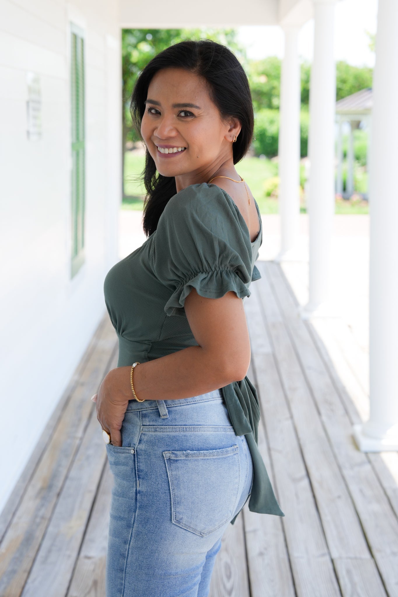 Olive Ribbed Knit Short Sleeve Top With Tie Detail