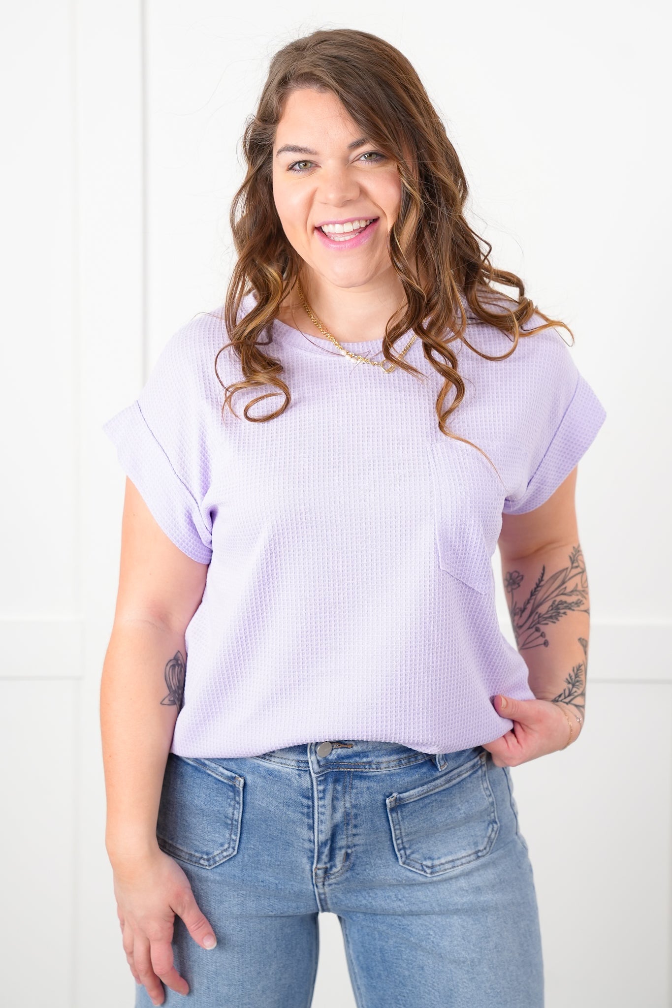 Door Buster! Plus/Reg Waffle Knit Short Dolman Sleeve Round Neck Top