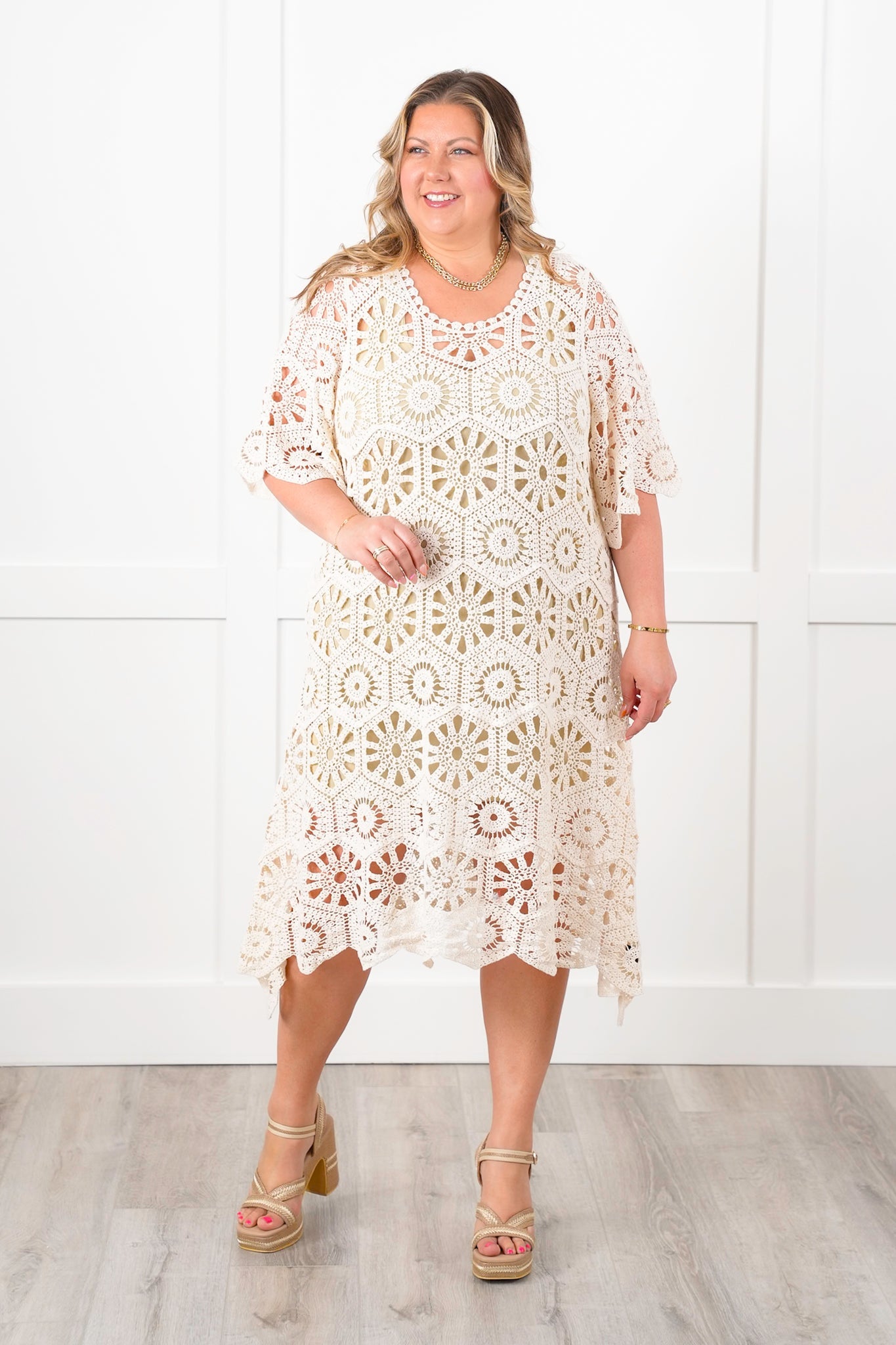 Restock! POL Crochet Short Sleeve Scoop Neck Cover Up Dress