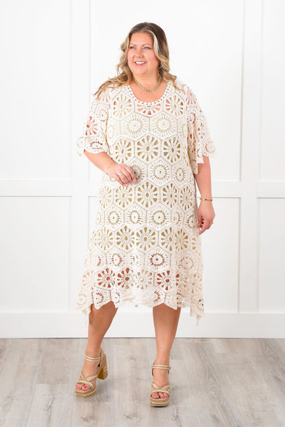 Restock! POL Crochet Short Sleeve Scoop Neck Cover Up Dress