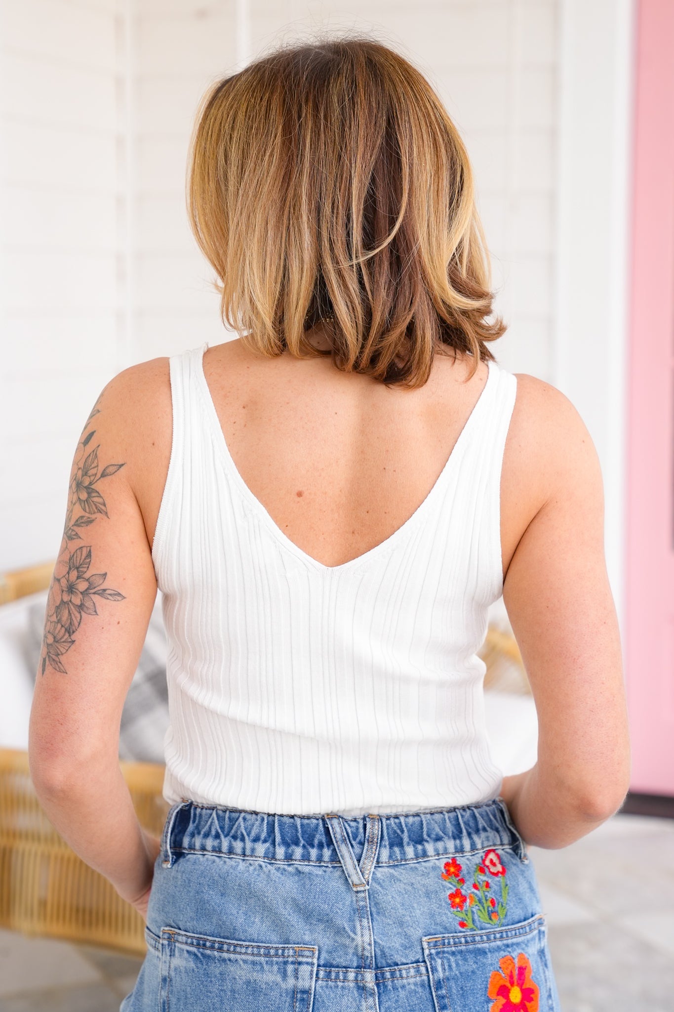 Sleeveless Double V Neck Ribbed Knit Top