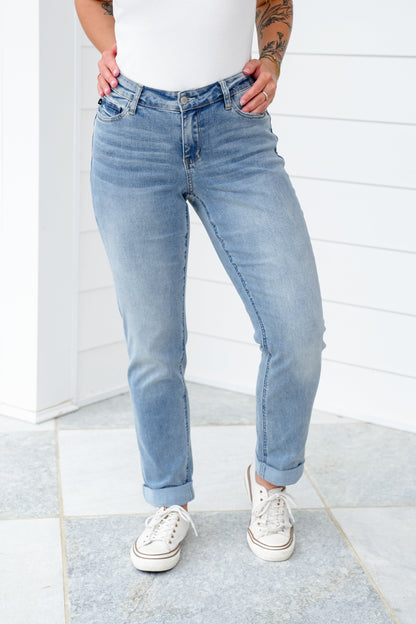 Judy Blue Riptide Mid Rise Medium Wash V Front Cuffed Boyfriend Jeans with Cool Denim