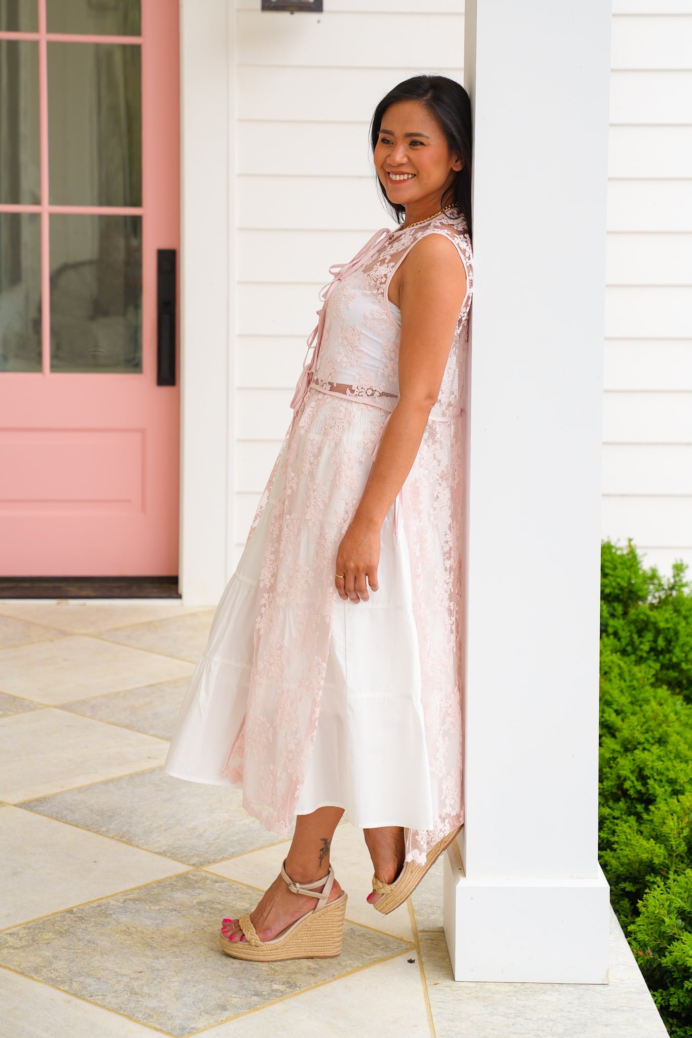 Restock! Lace Sleeveless Long Vest with Tie Front Detail