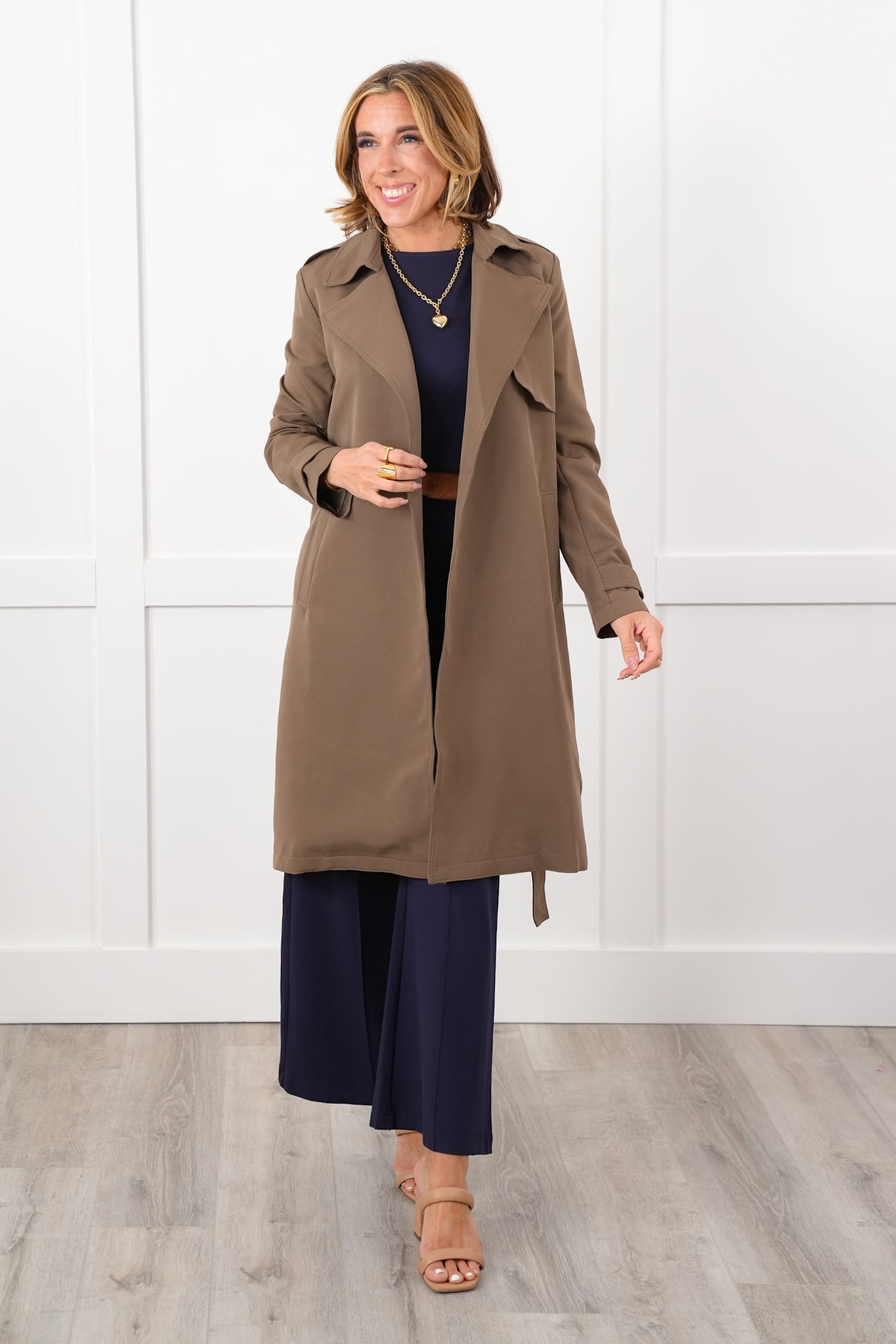 Long Sleeve Open Front Belted Trench Coat