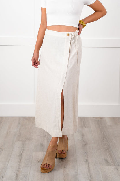 Linen Side Tie Midi Skirt with Front Slit Detail