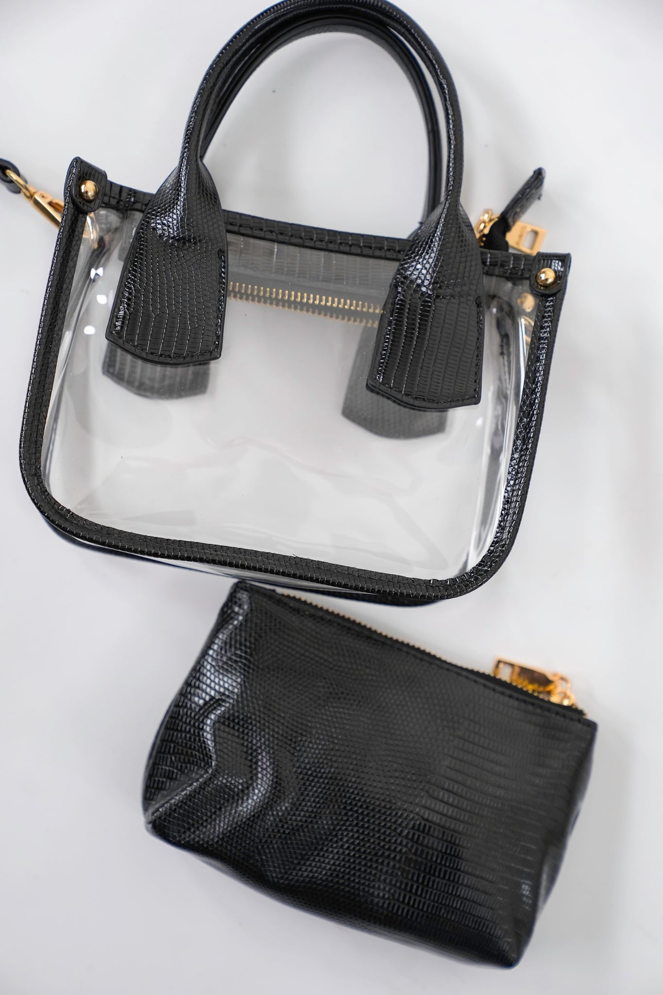 Black Lizard Texture Vegan Leather Trim Clear Satchel