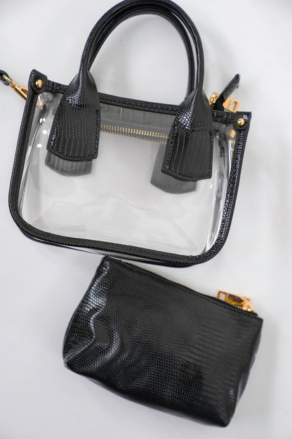Black Lizard Texture Vegan Leather Trim Clear Satchel