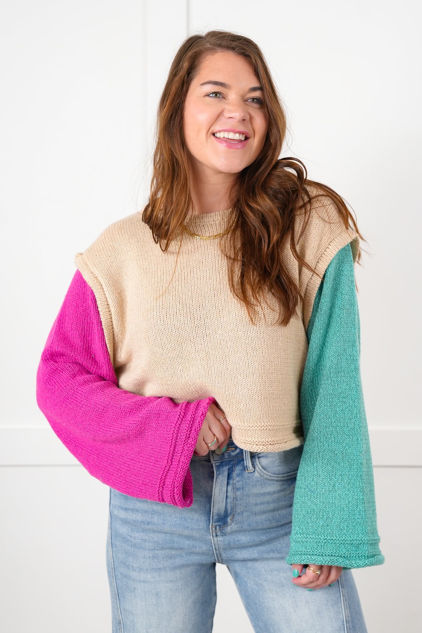 Color Block Long Sleeve Drop Shoulder Sweater