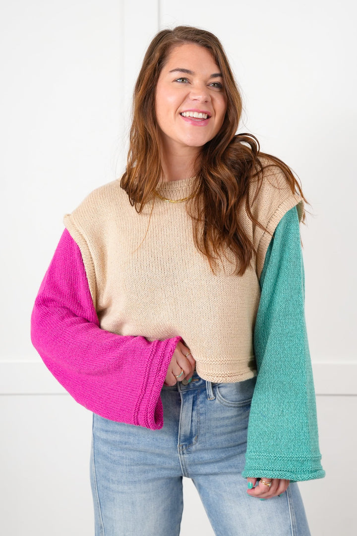 Color Block Long Sleeve Drop Shoulder Sweater