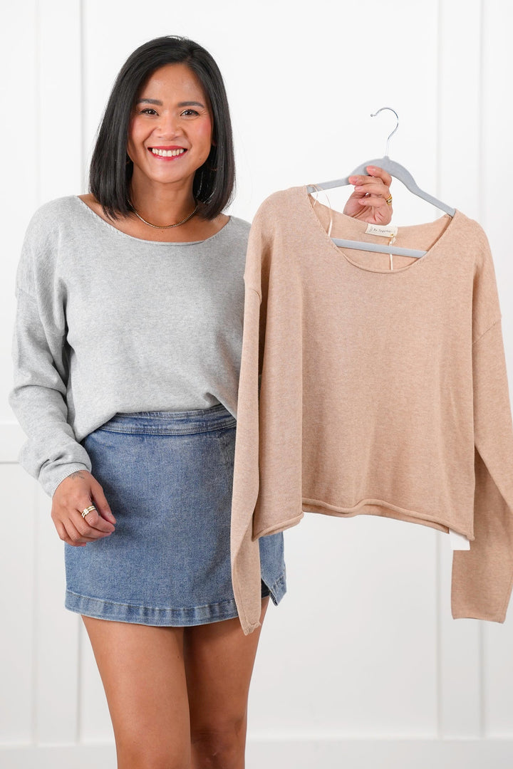 Knit Long Sleeve Boat Neck Pullover Top