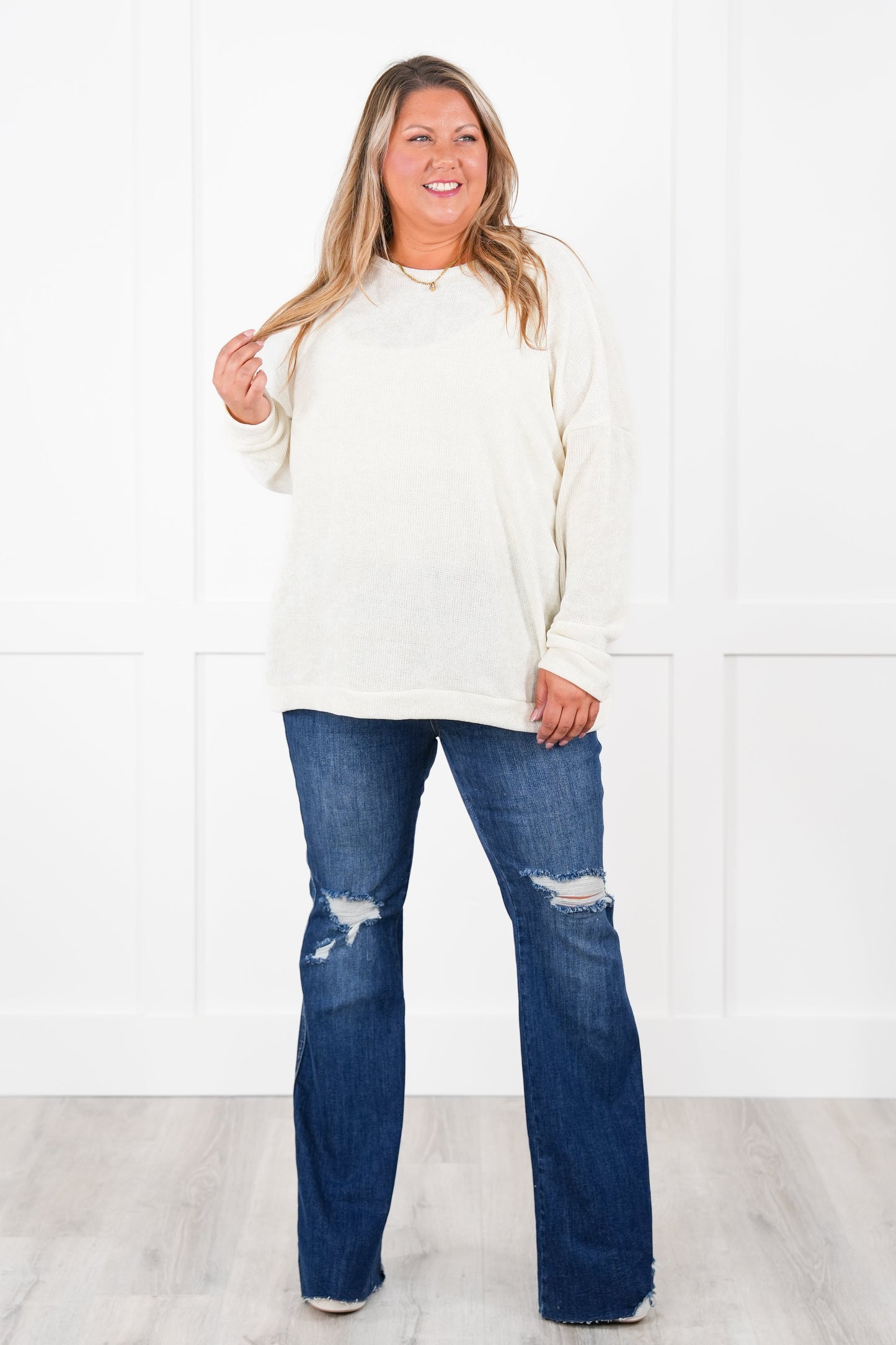 Plus/Reg Solid Chenille Long Sleeve Round Neck Top (Multiple Colors)