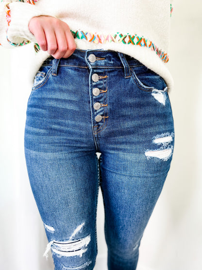 Vervet Parkside Medium Wash Distressed Button Down Skinny Jeans with Raw Ankle Hem