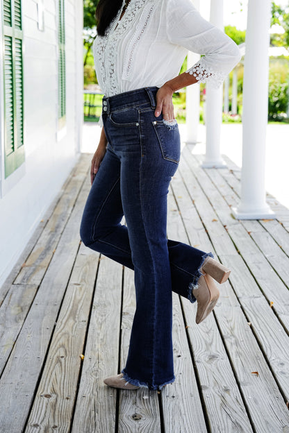 Judy Blue Feeling Fine Dark Wash High Rise Non Distressed Vintage Frayed Hem Bootcut Jeans