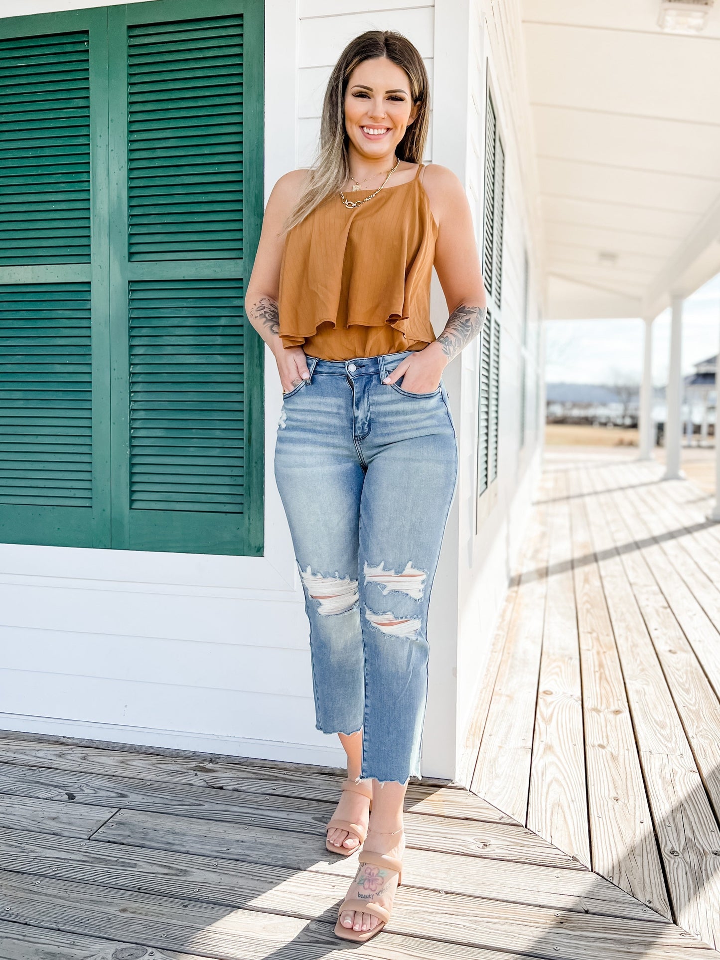 Judy Blue  Look At Me Now Medium Wash Mid Rise Distressed Cropped Straight Leg Jeans
