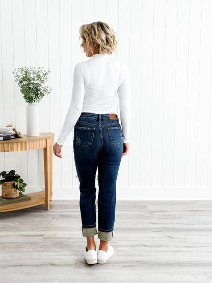 Judy Blue Warm and Cozy Mid Rise Dark Wash Boyfriend Buffalo Plaid Knee Destroy Patches With Cuff Jeans