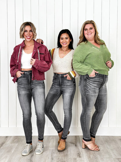 Judy Blue 50 Shades of Grey High Rise Grey Wash Tummy Control Skinny Jeans With Release  Hem