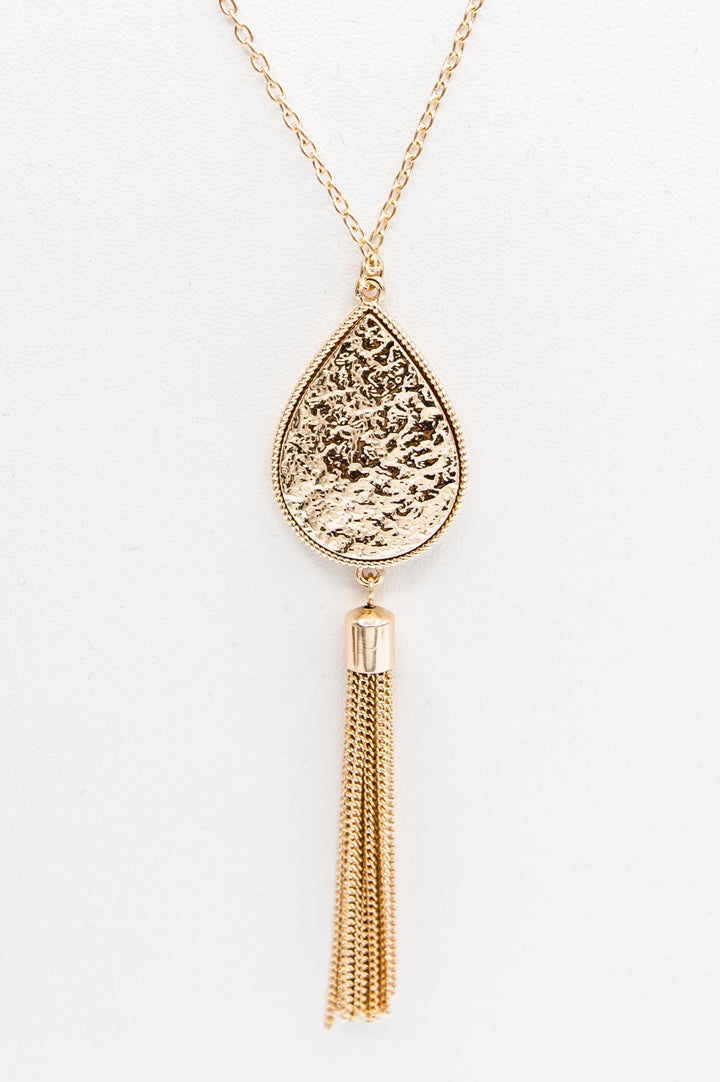 Textured Metal Teardrop Chain Tassel Pendant Long Necklace (Multiple Colors)