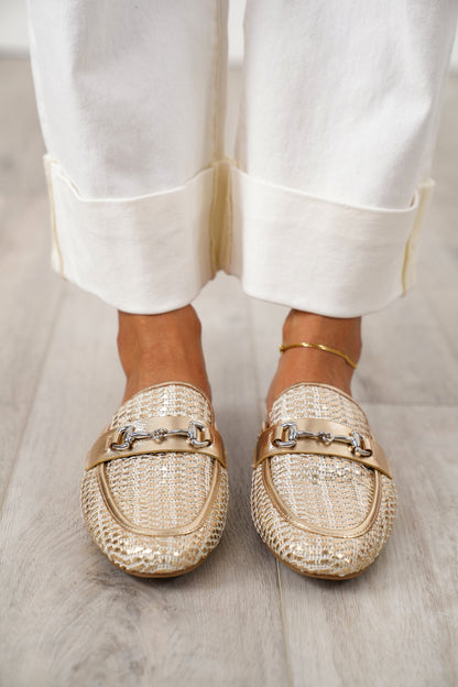 MIA Woven Metallic Loafers with Metal Buckle
