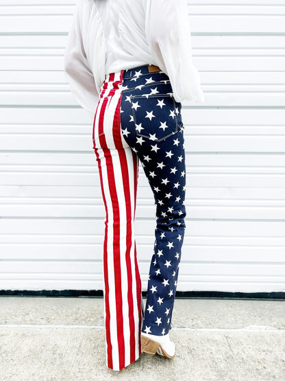 Judy Blue High Rise Stars and Stripes Print Raw Hem Flare Jeans