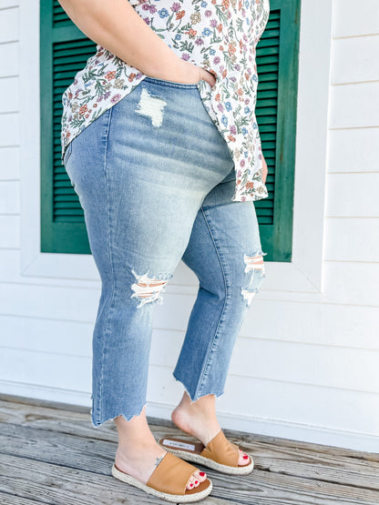 Judy Blue  Look At Me Now Medium Wash Mid Rise Distressed Cropped Straight Leg Jeans