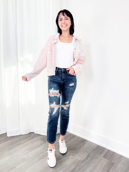 Judy Blue Dark Wash Mid Rise Distressed Cropped Straight Leg Jeans