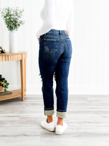 Judy Blue Warm and Cozy Mid Rise Dark Wash Boyfriend Buffalo Plaid Knee Destroy Patches With Cuff Jeans