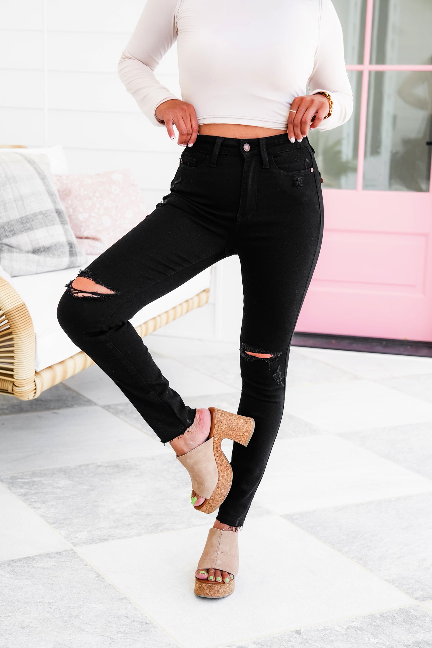 Judy Blue High Rise Black Distressed Raw Hem Skinny Jeans