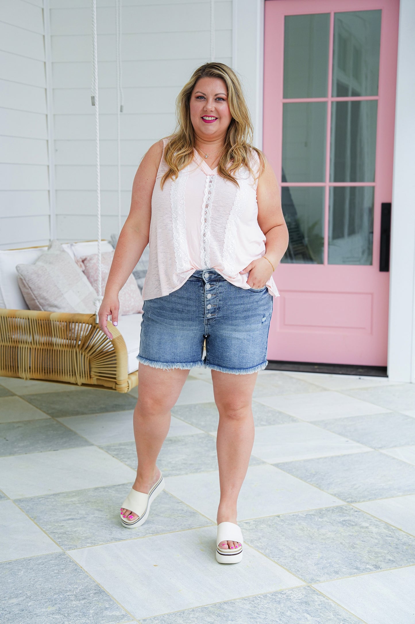 Judy Blue Medium Wash Button Fly Distressed Hi-Lo Cut Hem Shorts