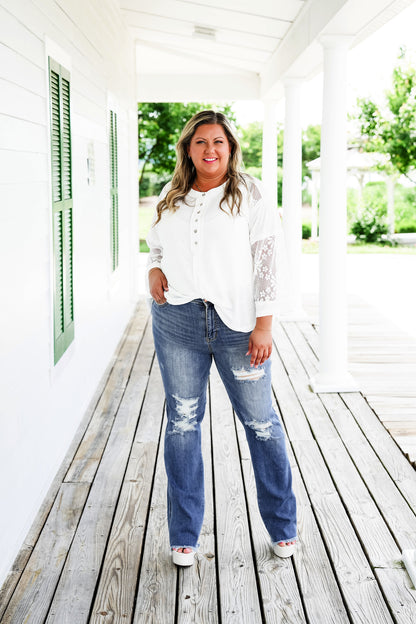 Judy Blue Honey  Pie High Rise Medium Wash Distressed Frayed Hem Bootcut Jeans