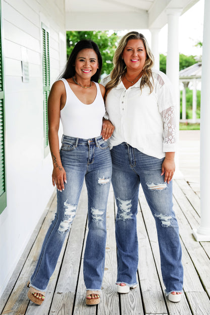 Judy Blue Honey  Pie High Rise Medium Wash Distressed Frayed Hem Bootcut Jeans
