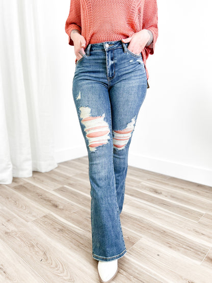 Judy Blue Country Roads Medium Wash Mid Rise Distressed Flare Long Inseam Jeans