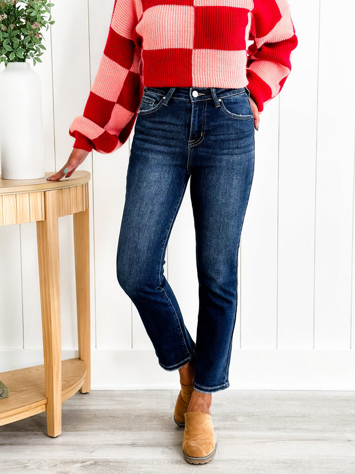 Risen Dark Wash High Rise Cropped Straight Leg Jeans