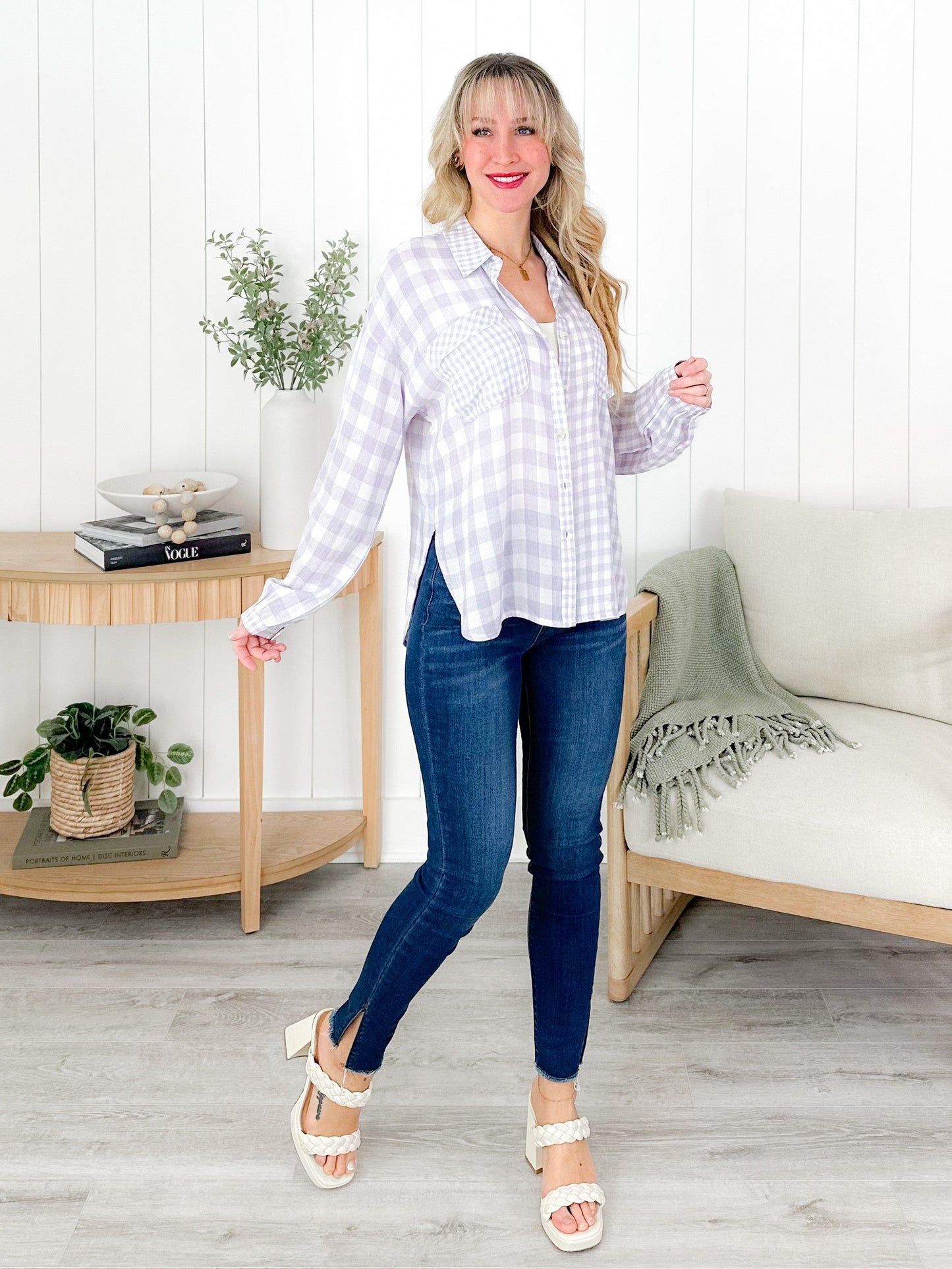Lavender Plaid Long Sleeve Button Down Shirt
