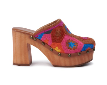 Crochet Floral Pattern Slip On Platform Wedge Clog With Stud Details
