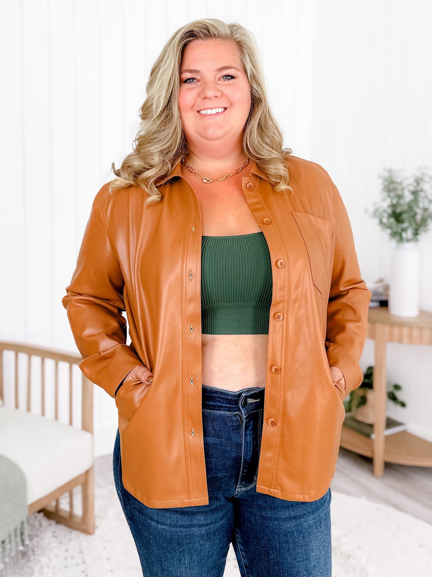 Vegan Leather Long Sleeve Button Down Shacket (Multiple Colors)