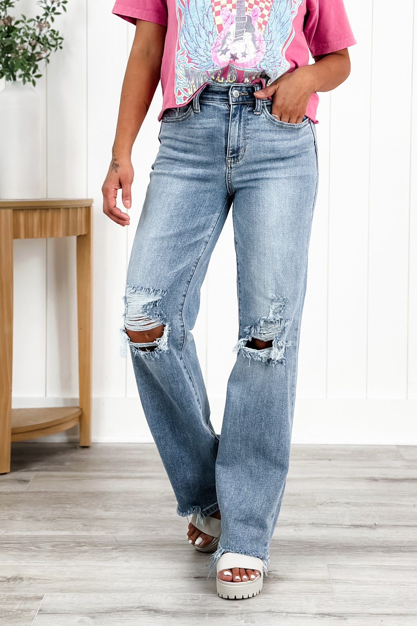 Judy Blue Wonderwall High Rise 90s Destroyed Knee Straight Leg Jeans