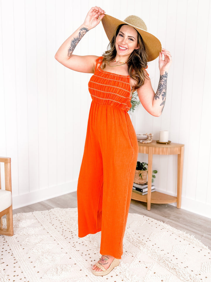 Restock! Plus/Reg Sleeveless Smocked Gauze Jumpsuit