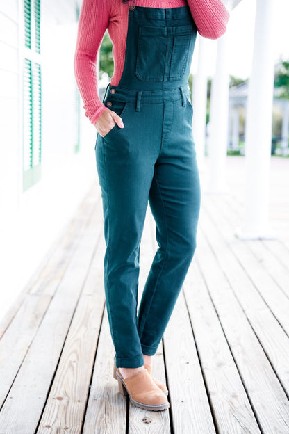 Judy Blue High Rise Teal Double Cuffed Boyfriend Overalls