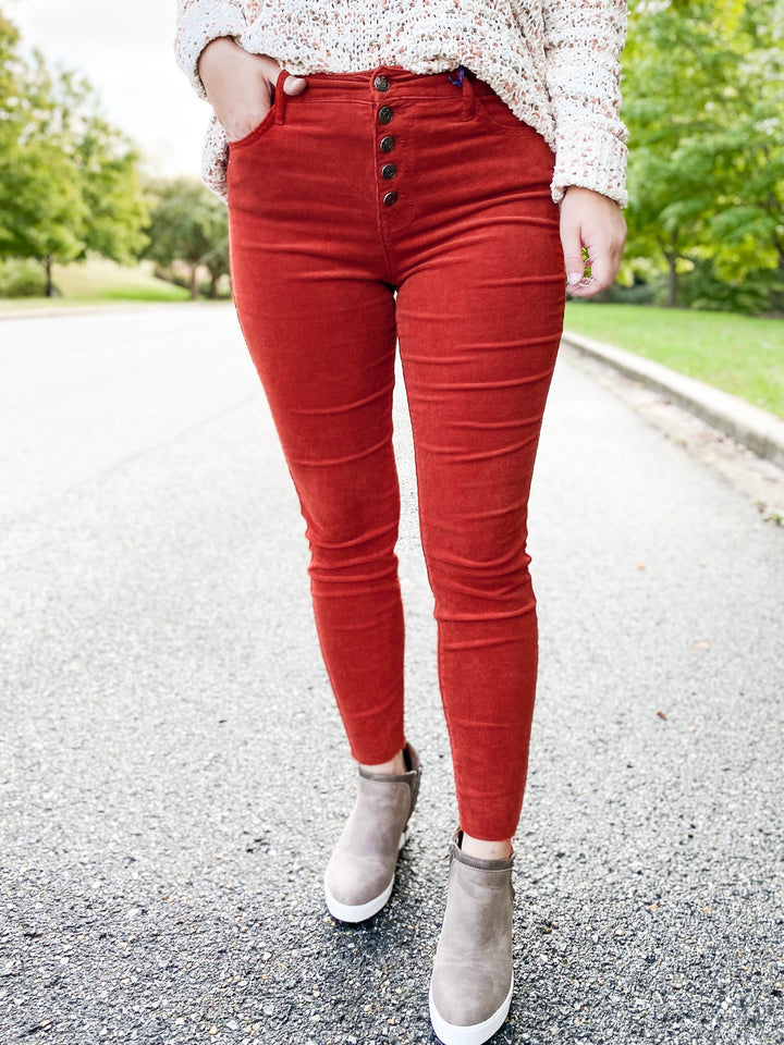 Cello High Rise Button Fly Corduroy  Skinnies