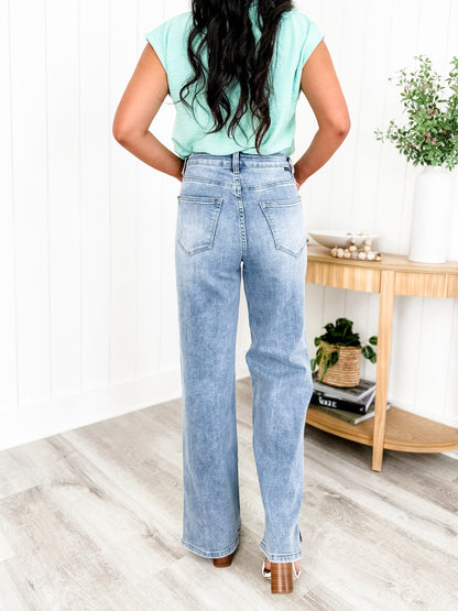Risen Medium Wash Wide Leg Jeans with Side Slit