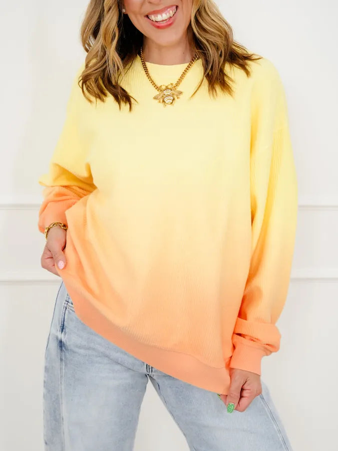 Plus/Reg Dip Dyed Corded Long Sleeve Pullover Top