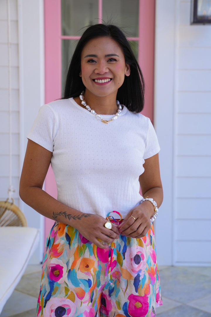 White Ribbed Knit Short Sleeve Round Neck Top