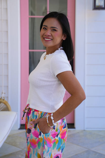 White Ribbed Knit Short Sleeve Round Neck Top