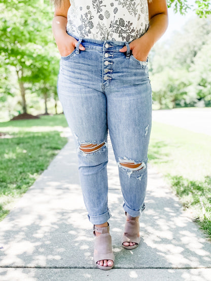 Judy Blue FIREFLY Button Fly Distressed Boyfriend Jeans