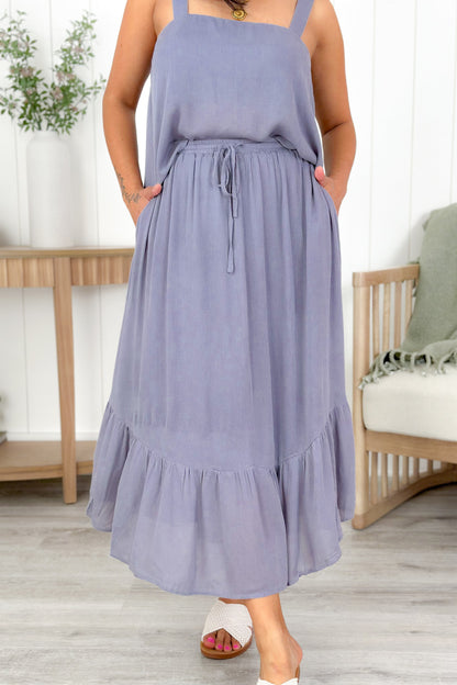 Solid Ruffle Hem Midi Skirt With Elastic Waistband (Multiple Colors)