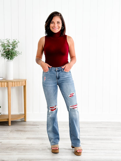 Judy Blue Plaid for You Mid Rise Medium Wash Bootcut Jeans With Patch Detail