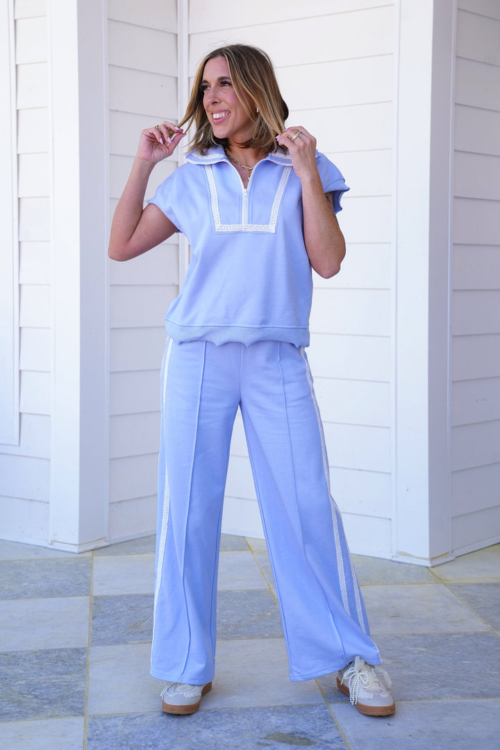 Elastic Waist Wide Leg Pants with Lace Detail